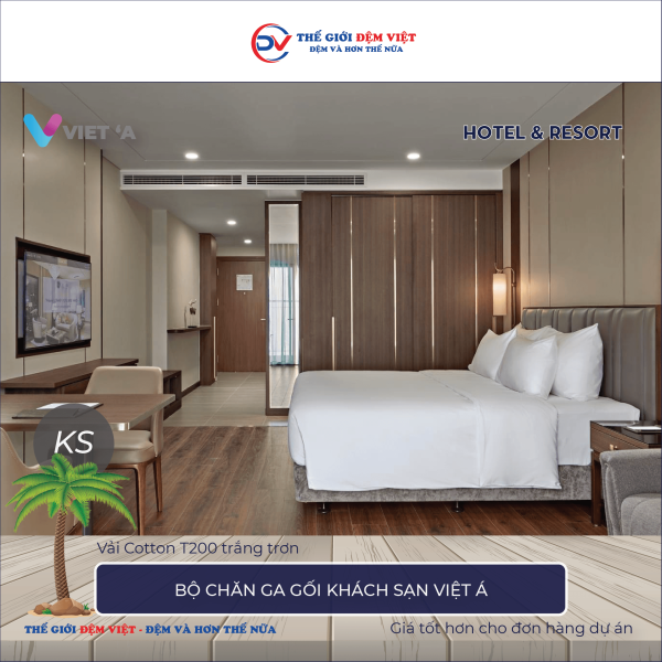 Bộ chăn ga gối khách sạn Việt Á Cotton T200 trắng trơn